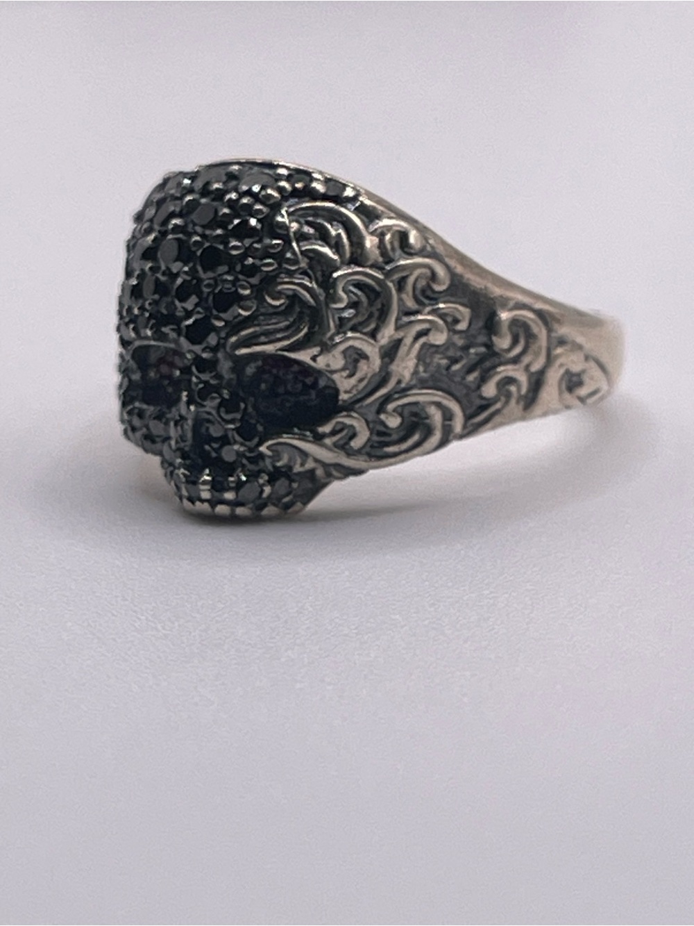 David Yurman Sterling Silver Skull Ring with Black Diamonds and Rubies - Picture 8 of 16